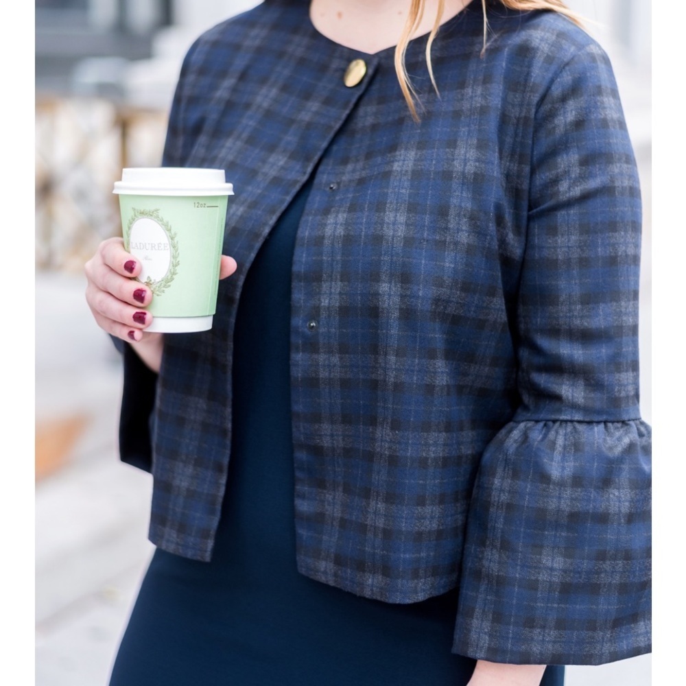 Zara Navy Blue Plaid Bell Sleeve Jacket/Top Sz L